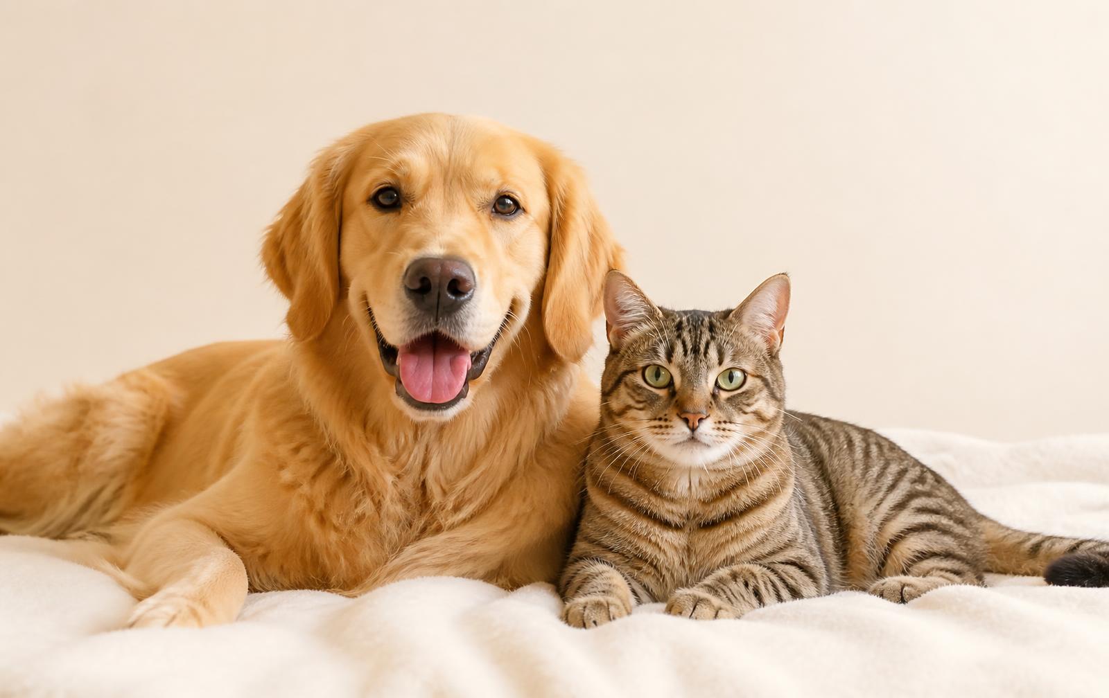 A golden retriever and a tabby cat resting together